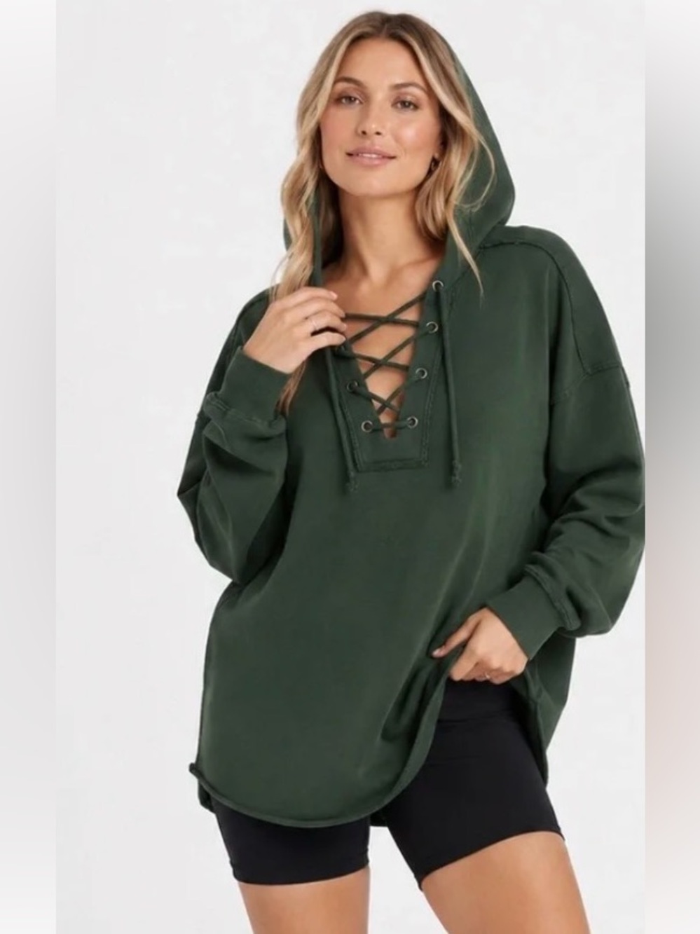 Aerie Sunday Soft Lace Up Oversized Hoodie Forest Green Raw Hem M